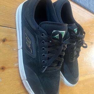 Emerica Black and White Low-Top Skate Sneakers with Green Logo Accents